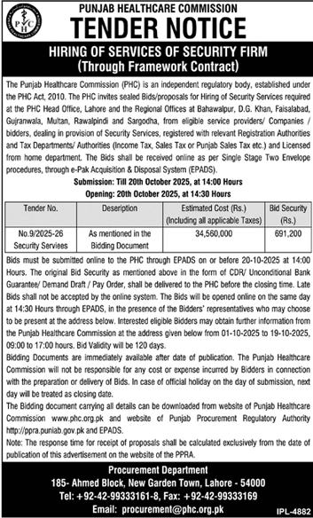 Punjab Healthcare Commission Lahore Tender Notice